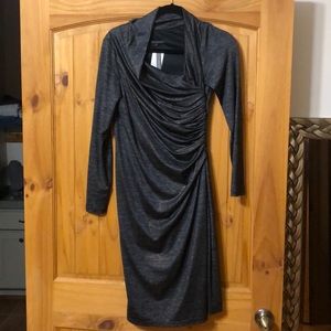 David Meister Lg Sleeve Ruched Asymmetrical Dress